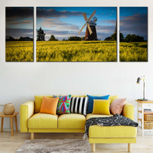 Load image into Gallery viewer, Old  Windmill  Canvas  Wall  Art  Cloudy  Blue  Sky  English  Windmill 3  Piece  Canvas  Green  Field  Windmill  Scenery  Canvas  Print In Living Room
