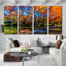 Load image into Gallery viewer, Orange Trees Guadalupe River Fall 4 PanelCanvas Art Print In Living Room
