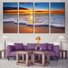 Load image into Gallery viewer, Orange red sunrise seascape white wave 4 Piece wall art home decor In Living Room
