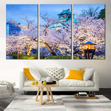 Load image into Gallery viewer, Osaka Castle Canvas Wall Art Beautiful Purple Autumn Trees Canvas Print Japan Blue Sky Castle  3 Piece Canvas Artwork For Living Room
