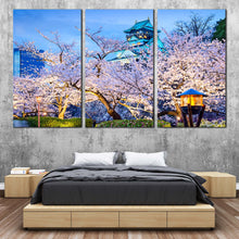 Load image into Gallery viewer, Osaka Japan Canvas Wall Art Blue Sky Osaka Castle  3 Piece Canvas Print Purple Blossom Trees Multi Panel Canvas In Bedroom
