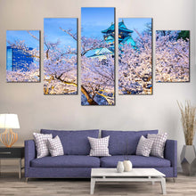 Load image into Gallery viewer, Osaka  Japan  Canvas  Wall  Art  Blue  Sky  Osaka  Castle    5  Piece  Canvas  Print  Purple  Blossom  Trees  Multi  Panel  Canvas In Living Room
