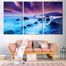 Load image into Gallery viewer, Overcast Sky Canvas Print Blue Sunset Ocean Rock 3 Piece Multiple Canvas Beautiful Purple Europe Ocean Canvas Wall Art In Living Room
