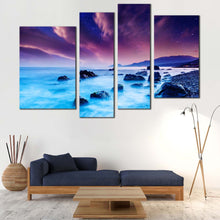 Load image into Gallery viewer, Overcast Sky Canvas Print Blue Sunset Ocean Rock 4 Piece Multiple Canvas Beautiful Purple Europe Ocean Canvas Wall Art For Your Living Room
