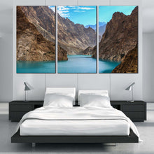 Load image into Gallery viewer, Pakistan Lake Canvas Wall Art Blue Attabad Lake 3 Piece Canvas Set  Brown Ocean Mountain Canvas Print For Bedroom
