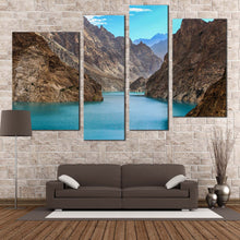 Load image into Gallery viewer, Pakistan Lake Canvas Wall Art Blue Attabad Lake  4 Piece Canvas Set Brown Ocean Mountain Canvas Print

