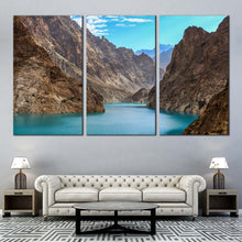 Load image into Gallery viewer, Pakistan Mountains Canvas Wall Art Blue Attabad Lake  3 Piece Canvas Print Brown Ocean Mountains Triptych Canvas Set For Living Room
