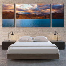 Load image into Gallery viewer, Pangong Lake Canvas Print Jammu Brown Ocean Mountains Scenery Canvas Set Leh Ladakh Mountain Water Sky Multi Canvas Cloudy Blue Pangong Tso  3 Piece CanvasWall Art For Bedroom
