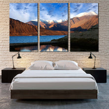 Load image into Gallery viewer, Pangong Tibet Lake Mountains 3 panel canvas print In Bedreoom
