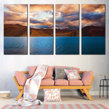 Load image into Gallery viewer, Pangong Tso Canvas Wall Art Brown Ladakh Kashmir Ocean Mountains 4 Piece Multi Canvas Cloudy Blue Mountain Lake Canvas Set India Jammu Mountains Scenery Canvas Print In Living Room
