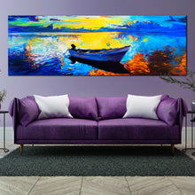 Load image into Gallery viewer, Panoramic  Blue  Alone  Boat  in  the  Ocean  Yellow  Brown  Canvas  Artwork For Living Room
