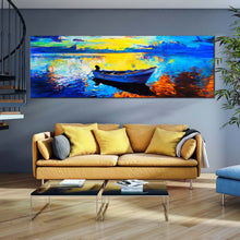 Load image into Gallery viewer, Panoramic  Blue  Alone  Boat  in  the  Ocean  Yellow  Brown  Canvas  Artwork In Living Room
