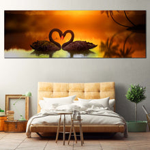 Load image into Gallery viewer, Panoramic  wall  art  black  Swans  Make  Up  A  Heart  Reflected  On  Water In Bedroom
