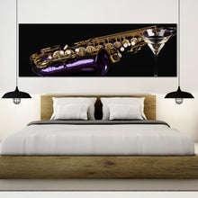 Load image into Gallery viewer, Panoramic  wall  decor  Purple  Gold  Saxophone  Cocktail  Glass  dark  background For Bedroom
