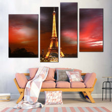 Load image into Gallery viewer, Paris City Canvas Wall Art Dramatic Red Cloudy Night Cityscape Canvas Print Eiffel Tower Yellow City Lights 4 Piece Multi Panel Canvas
