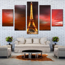 Load image into Gallery viewer, Paris  City  Canvas  Wall  Art  Dramatic  Red  Cloudy  Night  Cityscape  Canvas  Print  Eiffel  Tower  Yellow  City  Lights  5  Piece  Multi  Panel  Canvas For Living room
