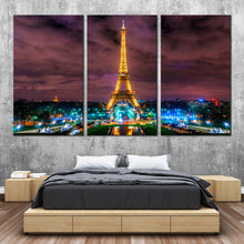 Load image into Gallery viewer, Paris Cityscape Canvas Print Yellow Eiffel Tower Canvas Wall Art Dramatic Cloudy Green City Lights 3 Piece Multi Panel Canvas For Bedroom
