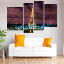 Load image into Gallery viewer, Paris Cityscape Canvas Print Yellow Eiffel Tower Canvas Wall Art Dramatic Cloudy Green City Lights 4 Piece Multi Panel Canvas
