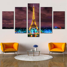 Load image into Gallery viewer, Paris  Cityscape  Canvas  Print  Yellow  Eiffel  Tower  Canvas  Wall  Art  Dramatic  Cloudy  Green  City  Lights  5  Piece  Multi  Panel  Canvas In Living room
