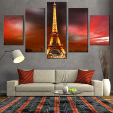 Load image into Gallery viewer, Paris  Cityscape  Canvas  Wall  Art  Eiffel  Tower  Yellow  City  Lights  Canvas  Set  France  Grey  Red  Cloudy  Sky    5  Piece  Canvas  Print In Living Room
