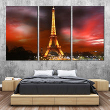 Load image into Gallery viewer, Paris Cityscape Canvas Wall Art Eiffel Tower Yellow City Lights Triptych Canvas Set France Grey Red Cloudy Sky  3 Piece Canvas Print For Bedroom
