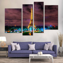 Load image into Gallery viewer, Paris France Canvas Wall Art Dramatic Purple Clouds Paris Cityscape Canvas Print Yellow Eiffel Tower 4 Piece Multi Panel Canvas
