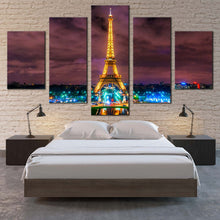 Load image into Gallery viewer, Paris  France  Canvas  Wall  Art  Dramatic  Purple  Clouds  Paris  Cityscape  Canvas  Print  Yellow  Eiffel  Tower  5  Piece  Multi  Panel  Canvas In Bedroom
