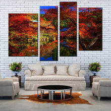 Load image into Gallery viewer, Park River Canvas Wall Art Blue Sky Daigoji Temple  4 Piece Canvas Print Kayoto Japan Red Green Trees Multi Panel Canvas
