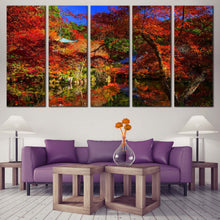 Load image into Gallery viewer, Park River Canvas Wall Art Blue Sky Daigoji Temple  5 Piece Canvas Print Kayoto Japan Red Green Trees Multi Panel Canvas For Your Living Room
