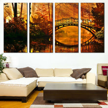 Load image into Gallery viewer, Park River Canvas Wall Art Green Autumn Forest Bridge 4 Piece Multiple Canvas Beautiful Orange Yellow Forest Canvas Print In Living Room
