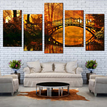 Load image into Gallery viewer, Park River Canvas Wall Art Green Autumn Forest Bridge 5 Piece Multiple Canvas Beautiful Orange Yellow Forest Canvas Print In Living Room
