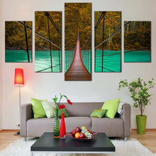 Load image into Gallery viewer, Park  River  Canvas  Wall  Art  Green  Sea  Bridge  Forest  Canvas  Set  Brown  Suspension  Bridge    5  Piece  Multi  Canvas  Artwork  For Living room
