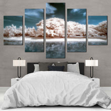 Load image into Gallery viewer, Park  River  Canvas  Wall  Art  White  Trees  Water  Reflection  Multiple  Canvas  Thailand  Blue  Clouds  Sky    5  Piece  Canvas  Print For Bedroom
