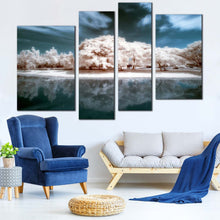 Load image into Gallery viewer, Park River Canvas Wall Art White Trees Water Reflection Multiple Canvas Thailand Blue Clouds Sky  4 Piece Canvas Print 
