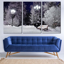 Load image into Gallery viewer, Park Scenery Canvas Print White Snow Bench Park  3 Piece Canvas Wall Art For Living Room
