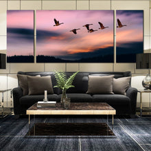 Load image into Gallery viewer, Peaceful  birds  sunset  sky  mountains  triptych  Canvas  print In  Living Room
