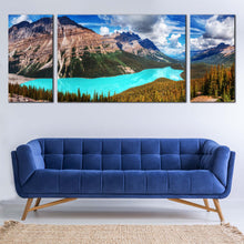 Load image into Gallery viewer, Peyto  Lake  Canvas  Wall  Art  Blue  Cloudy  Sky  Canvas  Print  Alberta  Green  Trees  Canvas  Canada  Banff  National  Park 3  Piece  Canvas In Living Room
