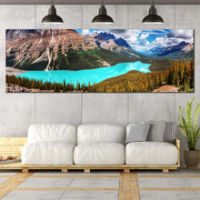 Load image into Gallery viewer, Peyto  Lake  Canvas  Wall  Art  Blue  Cloudy  Sky  Canvas  Print  Alberta  Green  Trees  Wide  Canvas  Canada  Banff  National  Park  Living  Room  Panoramic  Canvas For Living Room
