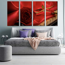 Load image into Gallery viewer, Piano Rose Canvas Wall Art Red Rose with Red Cloth 4 Piece Multi Canvas Artwork Flower on Instrument Canvas Print For Bedroom
