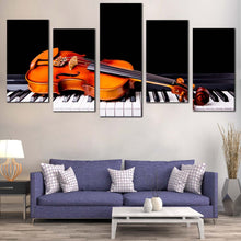 Load image into Gallery viewer, Piano Music Canvas Print Black Musical Instruments Canvas Set Orange Violin  5 Piece Canvas Wall Art In Living Room
