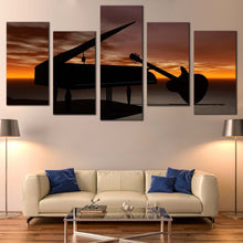 Load image into Gallery viewer, Piano Music Canvas Wall Art Orange Cloudy Sky Grand Piano Canvas Print Black Guitar Musical Instrument  5 Piece Canvas Set In Living Room
