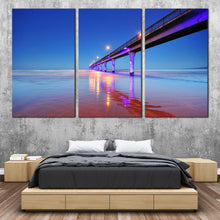 Load image into Gallery viewer, Pier Ocean Canvas Wall Art Blue Sky Christchurch City Seascape Canvas Set Purple New Brighton Pier 3 Piece Multi Canvas For Bedroom
