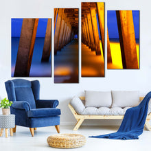 Load image into Gallery viewer, Pier Ocean Canvas Wall Art Under Pier Blue Yellow Sea Multi Canvas Orange Pier Pillars  4 Piece Canvas Print 
