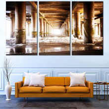 Load image into Gallery viewer, Pier Ocean Canvas Wall Art White Sea Waves Under Pier Canvas Brown Pier Pillar  3 Piece Canvas Print For Living Room
