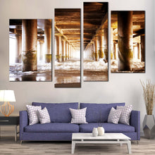 Load image into Gallery viewer, Pier Ocean Canvas Wall Art White Sea Waves Under Pier Canvas Brown Pier Pillar  4 Piece Canvas Print
