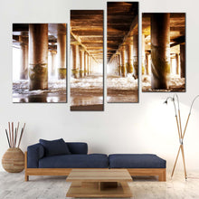 Load image into Gallery viewer, Pier Pillar Canvas Wall Art Brown Pier Ocean Multi Canvas White Sea Waves Under Pier  4 Piece Canvas Print
