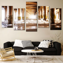 Load image into Gallery viewer, Pier Pillar Canvas Wall Art Brown Pier Ocean Multi Canvas White Sea Waves Under Pier  5 Piece Canvas Print For Living Room
