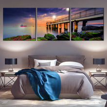 Load image into Gallery viewer, Pier  Sea  Canvas  Print  Green  Boulder  Seascape  Canvas  Set  Blue  Sky  Cloudy  Sunset  3  Piece  Bedroom  Canvas  Wall  Art In Bedroom
