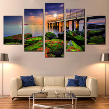Load image into Gallery viewer, Pier  Sea  Canvas  Print  Green  Boulder  Seascape  Canvas  Set  Blue  Sky  Cloudy  Sunset  5  Piece  Canvas  Living  Room  Wall  Art In Living Room
