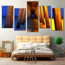 Load image into Gallery viewer, Pier Sea Canvas Wall Art Blue Yellow Pier Ocean 5 Piece Multi Panel Canvas Orange Under Pier Pillars Canvas Print 
